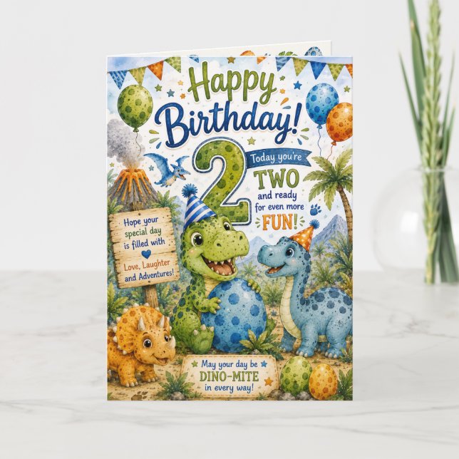 Dino-Mite 2-års födelsedags kort (Framsida)