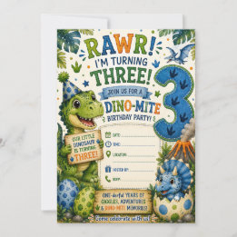 Dino-Mite 3-års födelsedagsinbjudan Inbjudningar