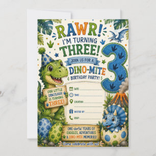 Dino-Mite 3-års födelsedagsinbjudan Inbjudningar
