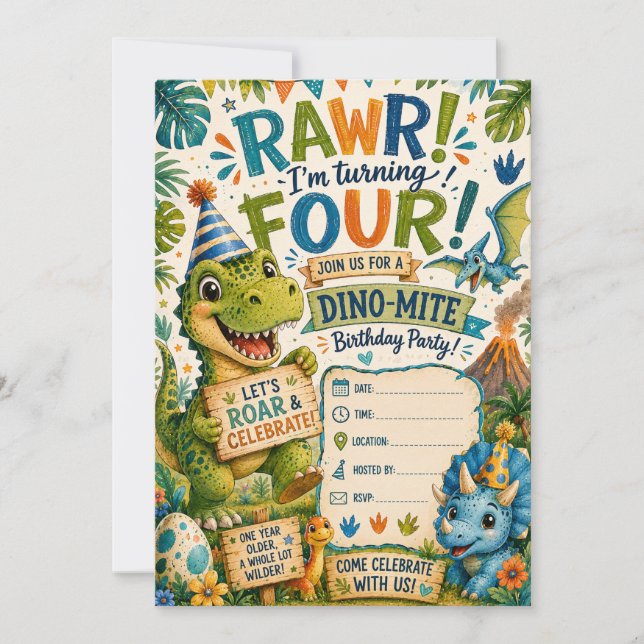 Dino-Mite 4-års inbjudan (Framsida)