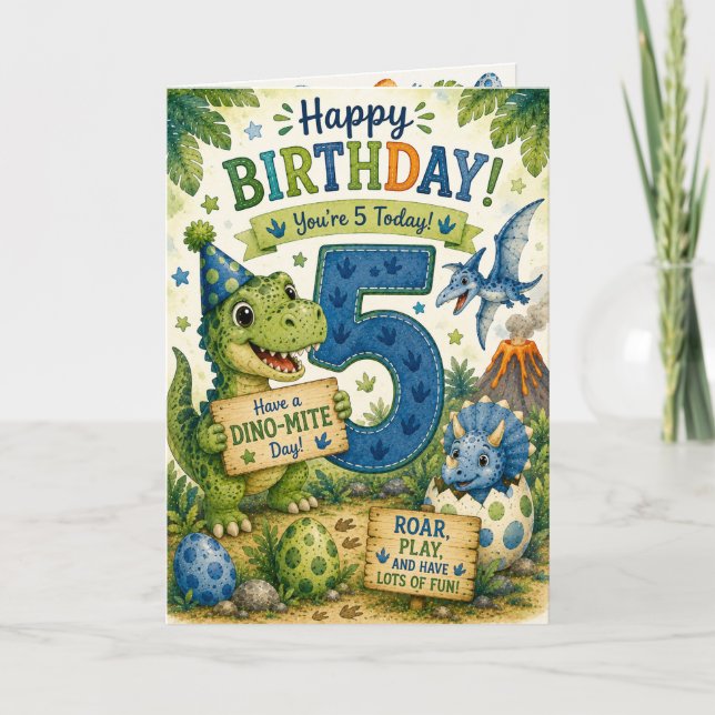 Dino-Mite 5-års födelsedags kort (Framsida)