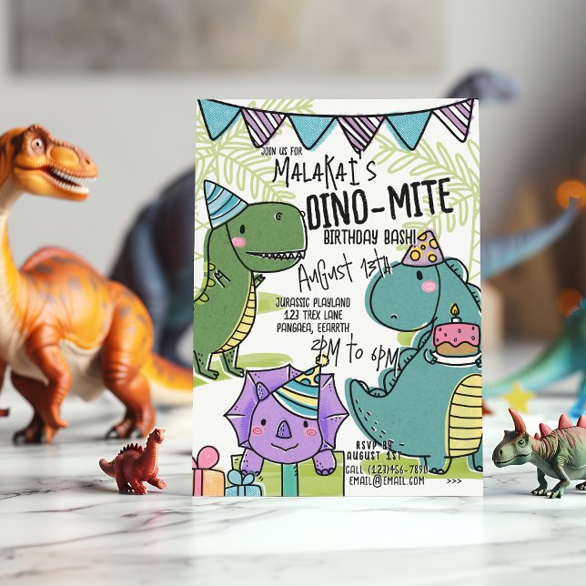 Dino-Mite Barn Födelsedagsfest Dinosaur Inbjudan (Front)