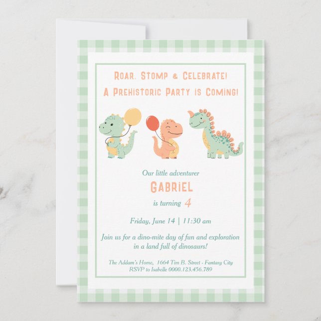 Dino-Mite Birthday bjudande - Roar, Stomp & Cele Inbjudningar (Framsida)