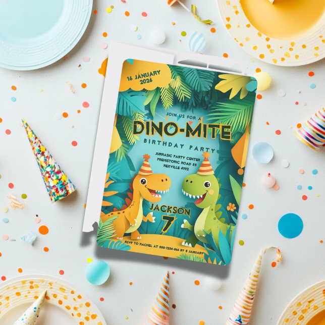 Dino-Mite Dinosaurie Tema Pojkars Födelsedagsfest Inbjudningar (Skapare uppladdad)