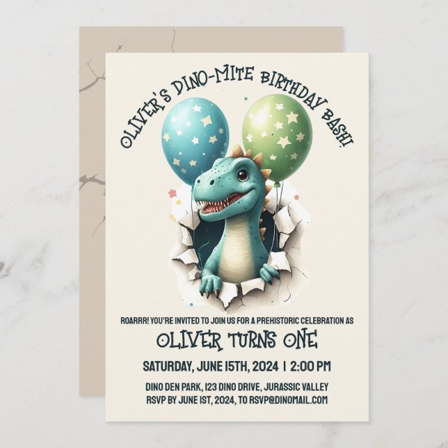 Dino-Mite Födelsedagsfest Inbjudningar (Fram/baksida)