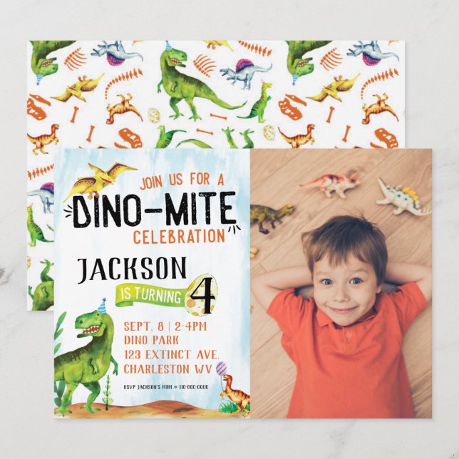 Dino-Mite Photo Dinosaur Birthday-inbjudan Inbjudningar (Fram/baksida)
