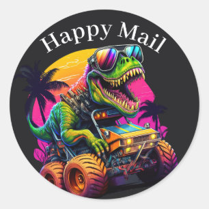 Dino Monster Lastbil Lycklig Mail Runt Klistermärke