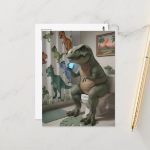 Dino på mobiltelefon på toaletten vykort