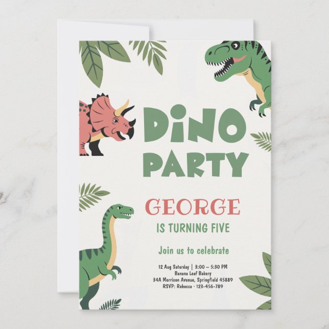 Dino Party Cute Dinosaur 5th Birthday Party Inbjudningar (Framsida)