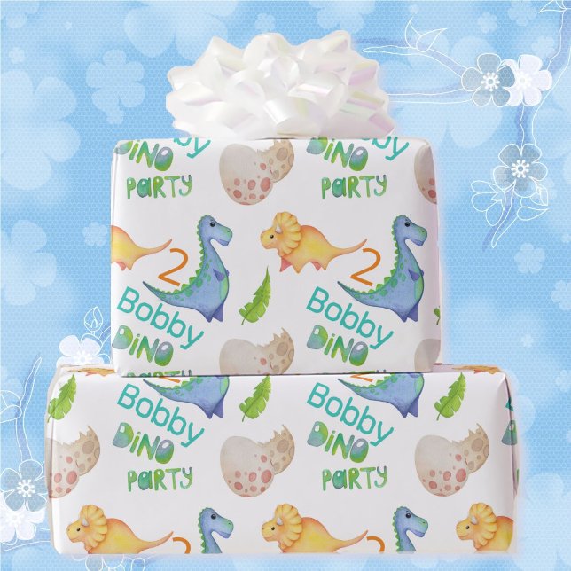 Dino Party Cute Dinosaur Birthday Boy Namn & Age Presentpapper (Skapare uppladdad)