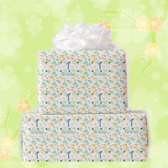 Dino Party Cute Dinosaur Birthday Boy Namn & Age W Presentpapper (Skapare uppladdad)