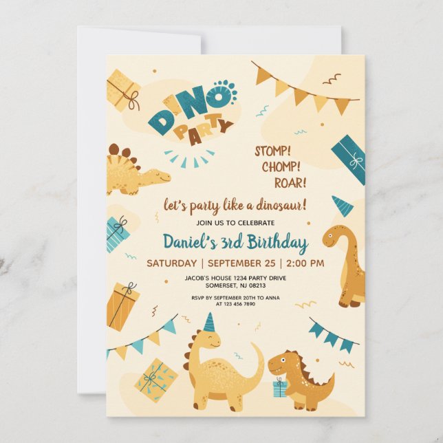 Dino Party. Cute Dinosaurs 3:e födelsedag Inbjudningar (Framsida)