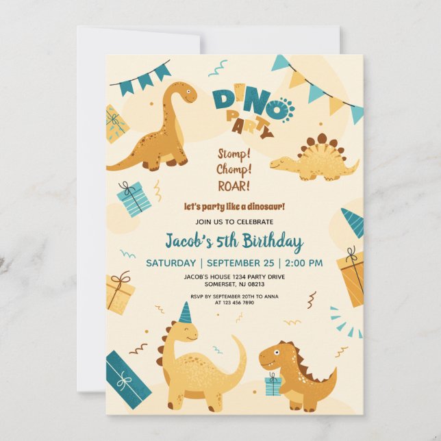 Dino Party. Cute Dinosaurs 5:e födelsedag Inbjudningar (Framsida)
