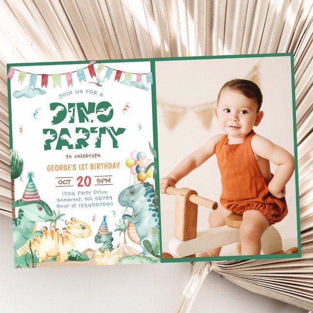 Dino Party Cute Dinosaurs första födelsemotofoto Inbjudningar (Skapare uppladdad)