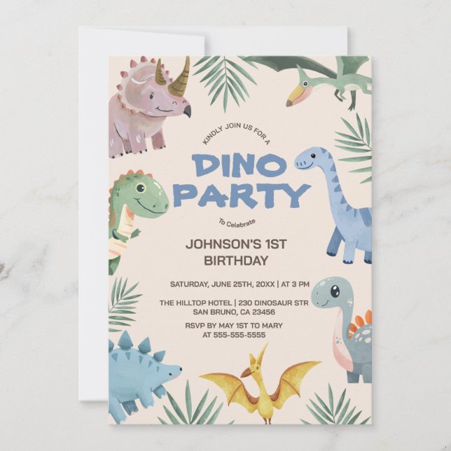 Dino Party | Cute Dinosaurs inbjudan till första f (Framsida)