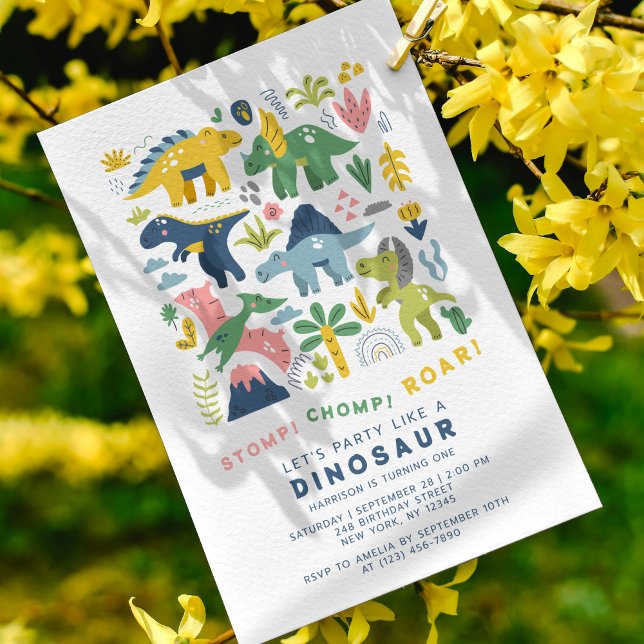 Dino Party Cute Modern Dinosaurs första födelsedag Inbjudningar (Skapare uppladdad)