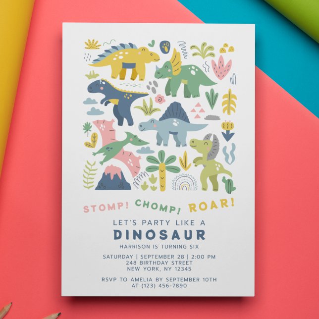 Dino Party Cute Modern Dinosaurs sjätte födelsedag Inbjudningar (Skapare uppladdad)