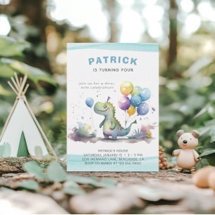 Dino Party Cute Watercolor Boy Blue Birthday Inbjudningar