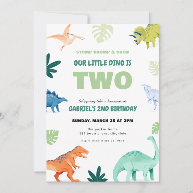 Dino Party Dinosaur, andra födelsedagsinbjudan Inbjudningar (Framsida)