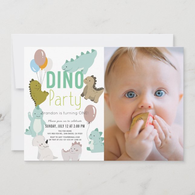 Dino Party Dinosaur Boy Photo 1st Birthday Inbjudningar (Framsida)