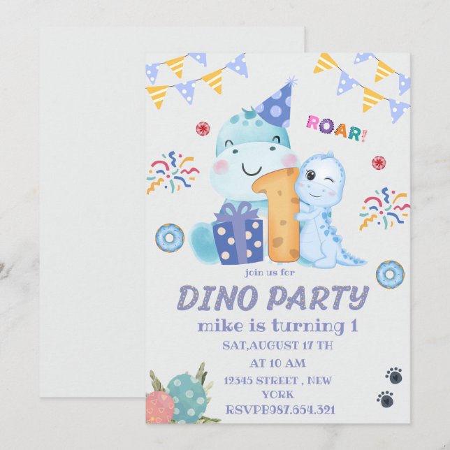 Dino Party första födelsedag söta dinosaurier Inbjudningar (Fram/baksida)