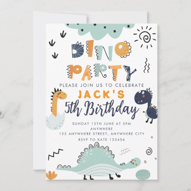Dino Party Kids 5-års födelsedagsinbjudan (Framsida)