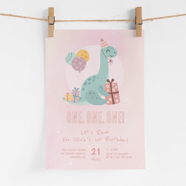 Dino Party Rawr Rosa 1:a födelsedag Inbjudningar (Skapare uppladdad)