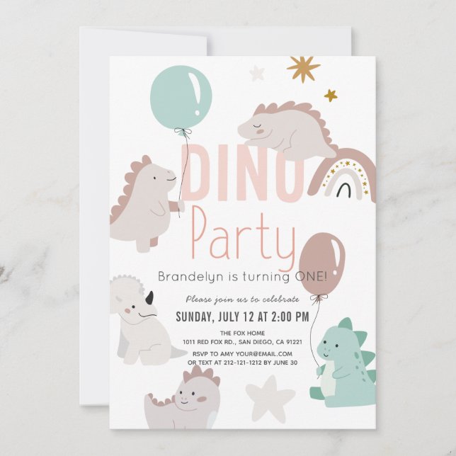 Dino Party Rosa Dinosaur Girl Första födelsedagen Inbjudningar (Framsida)