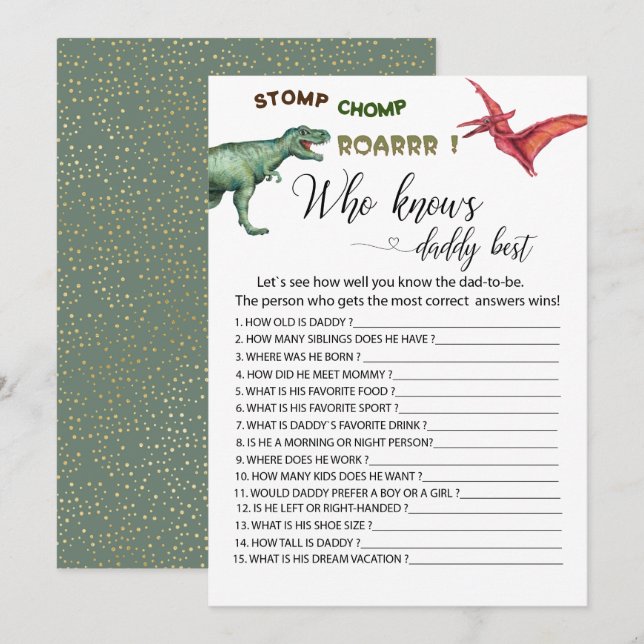 Dino Party stomp chomp roar som känner pappa Inbjudningar (Fram/baksida)