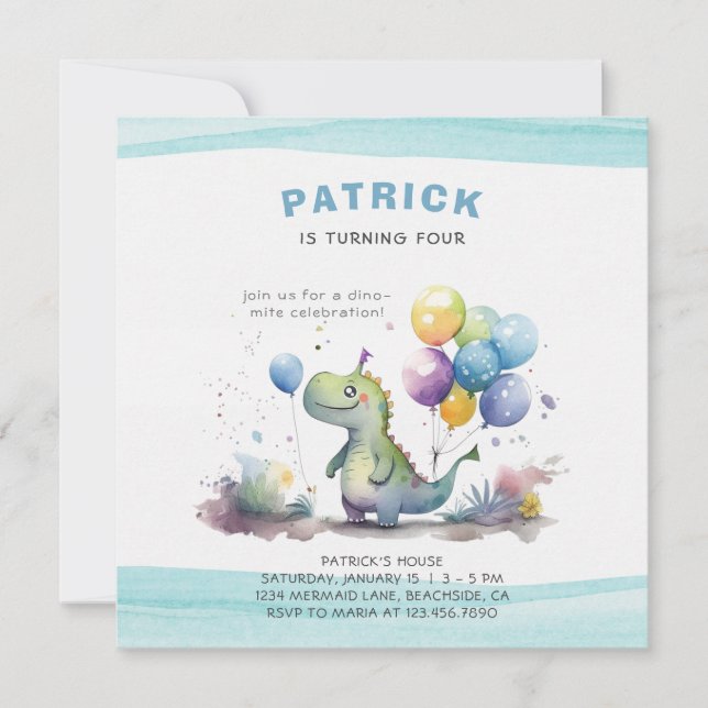 Dino Party Watercolor Boy Blue Birthday Inbjudningar (Framsida)