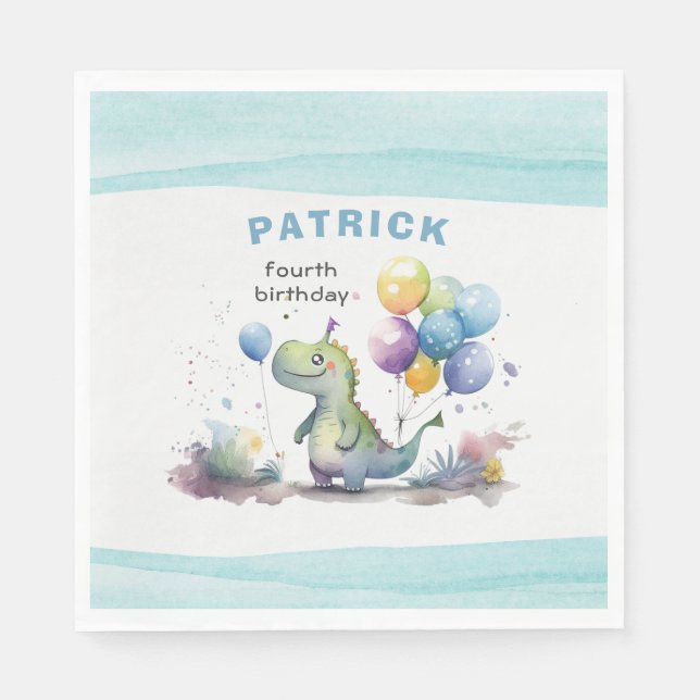 Dino Party Watercolor Boy Blue Birthday Pappersservett (Framsidan)