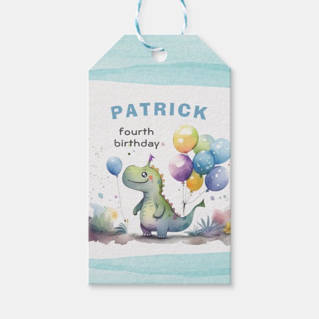 Dino Party Watercolor Boy Blue Birthday Presentetikett (Framsidan)
