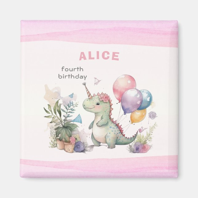 Dino Party Watercolor Girl Rosa Birthday Magnet (Framsidan)