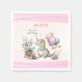 Dino Party Watercolor Girl Rosa Birthday Pappersservett
