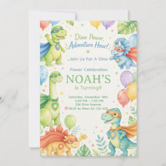 Dino Power Adventure Hour Watercolor Dinosaur Inbjudningar