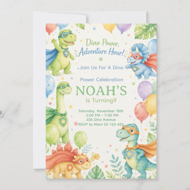 Dino Power Adventure Hour Watercolor Dinosaur  Inbjudningar (Framsida)