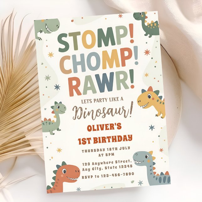 Dino Stomp Chomp kul 1-årsfest Inbjudningar (Skapare uppladdad)