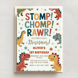 Dino Stomp Chomp ROAR Första Födelsedagsfesten Inbjudningar