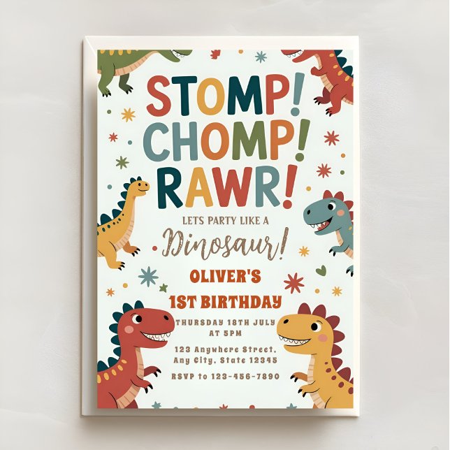 Dino Stomp Chomp ROAR Första Födelsedagsfesten Inbjudningar (Skapare uppladdad)