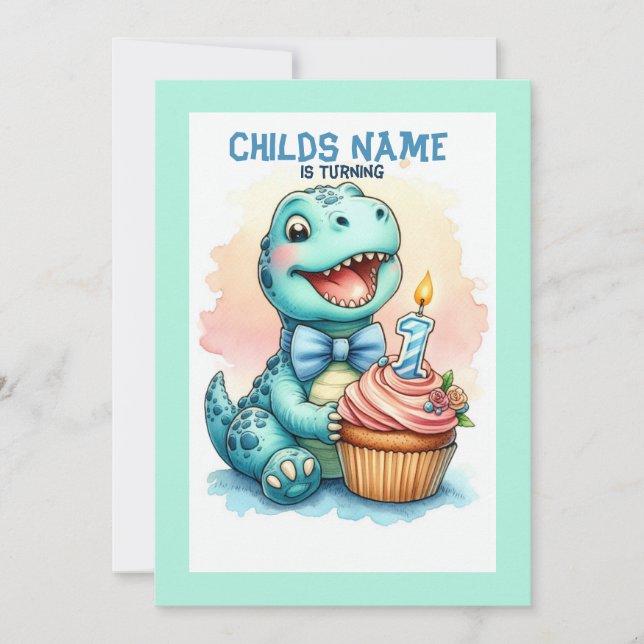 Dino Turning 1 Birthday Inbjudningar (Framsida)