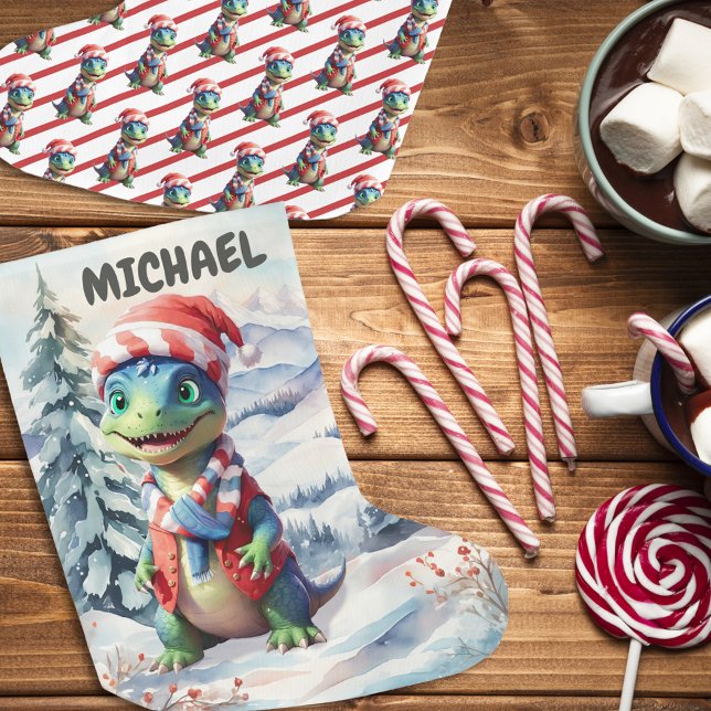 Dino Wonderland Helgdag Festive Watercolor Stor Julstrumpa (Skapare uppladdad)