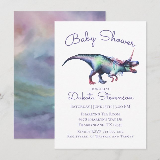 Dinocorn Baby Shower | Färgfärgade encorn Dinosaur Inbjudningar (Fram/baksida)