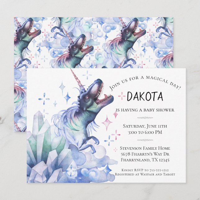 Dinocorn Crystal | Dinosaur Unicorn Baby Shower Inbjudningar (Fram/baksida)