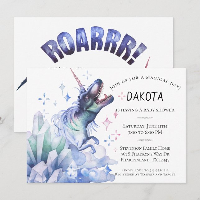 Dinocorn Crystal | Färgfull babystövel för Fantasy Inbjudningar (Fram/baksida)