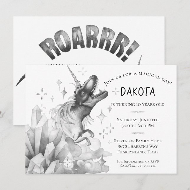 Dinocorn Crystal | Monokroma Silver-dagen Inbjudningar (Fram/baksida)