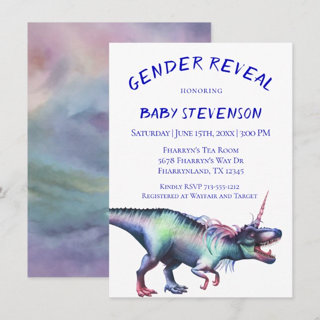 Dinocorn Gender Reveal | Roaring Unicorn Dinosaur Inbjudningar (Fram/baksida)