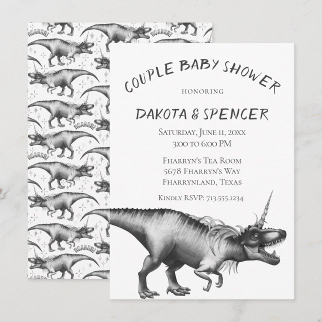 Dinocorn Silver | Monokrom Par Baby Shower Inbjudningar (Fram/baksida)