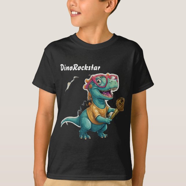 DinoRockstar dinosaur med glasögon och gyllene mik T Shirt (Framsida)