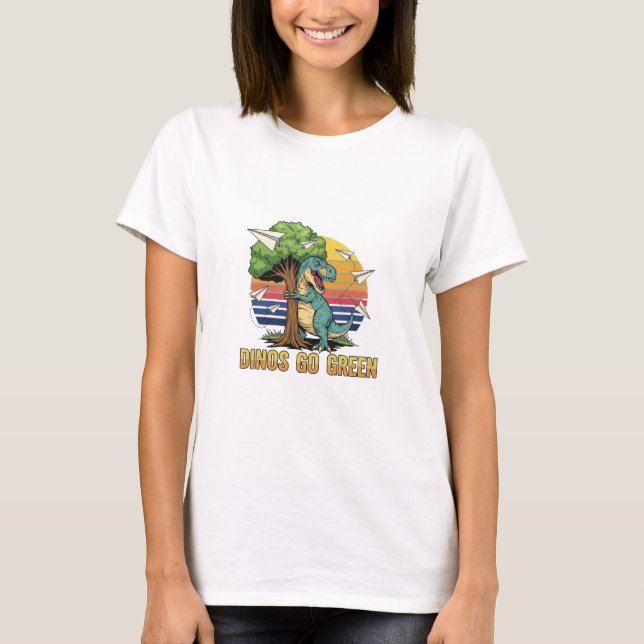 Dinos Go Green T-Shirt, Retro 80s Eco Design T Shirt (Framsida)