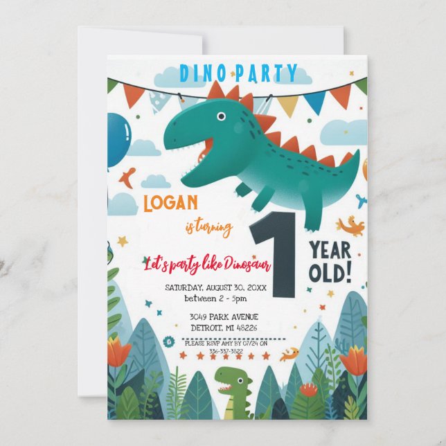 Dinosauaur-födelsedag Inbjudningar (Framsida)